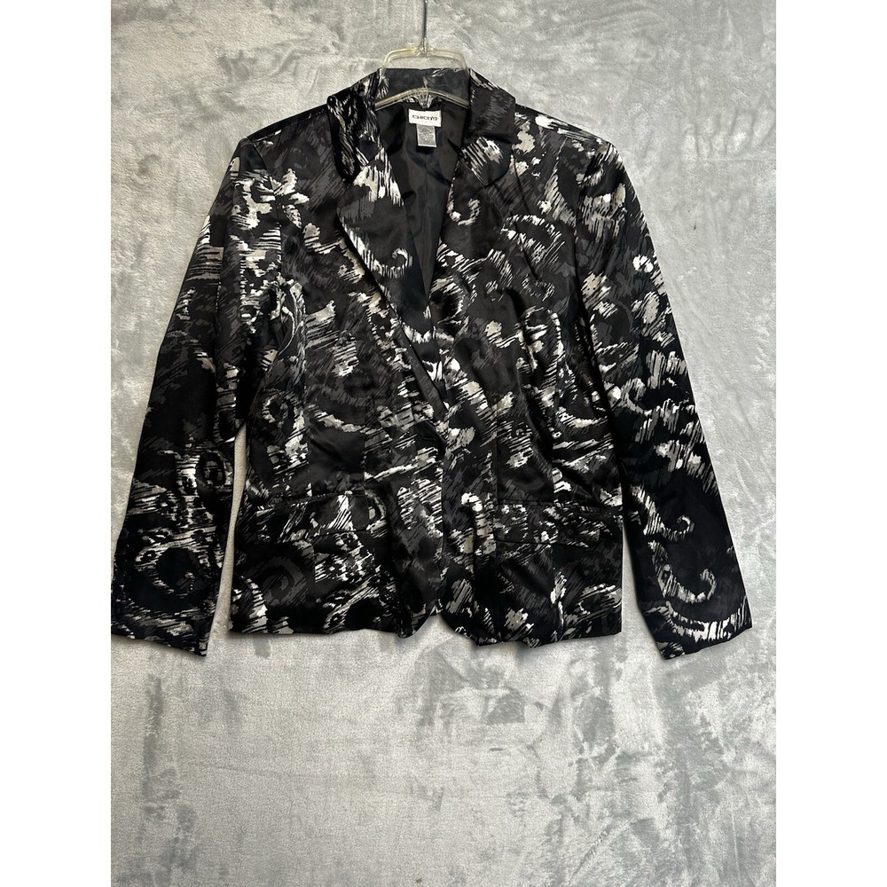 Chico's Blazer Women Size 2 Black White Silk Blend Abstract Print Excellent 1835